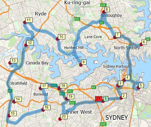 Map of optimised route serving multiple stops created with Maptitude Australia map software